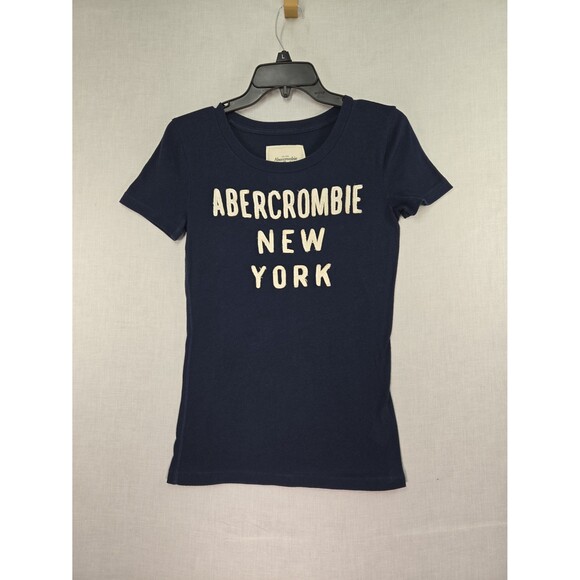 Y2K Abercrombie and Fitch Navy Blue T-Shirt w White Spellout Women's Small Retro - Picture 1 of 9